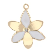 Breloque fleur 20x15 mm avec résine époxy et strass - Doré - Blanc x1