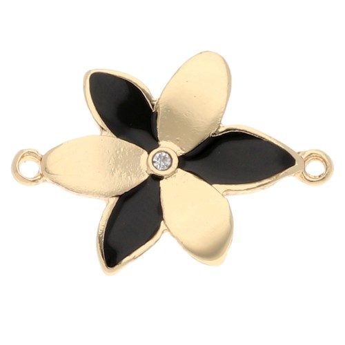 Intercalaire fleur 21.5x15 mm avec résine époxy et strass - Doré - Noir x1