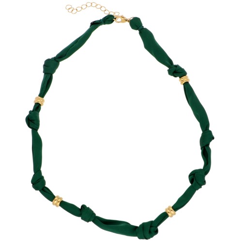 Collier tissu noué avec perles en acier inoxydable 304 Doré - Vert forêt x47cm