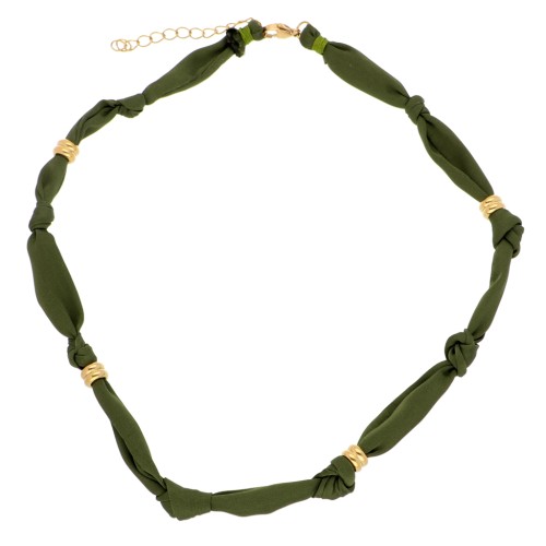 Collier tissu noué avec perles en acier inoxydable 304 Doré - Kaki x47cm