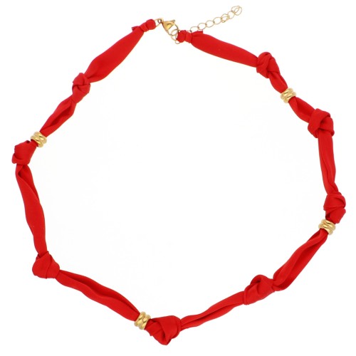 Collier tissu noué avec perles en acier inoxydable 304 Doré - Rouge x47cm