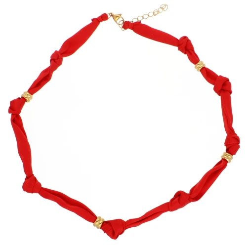 Collier tissu noué avec perles en acier inoxydable 304 Doré - Rouge x47cm