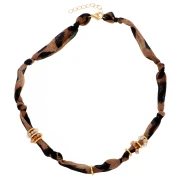 Collier tissu noué Léopard - perles facettées et acier inoxydable 304 Doré x41cm
