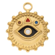 Pendentif rond 22mm motif oeil et résine époxy - Acier inox 304 Doré - Multicolore