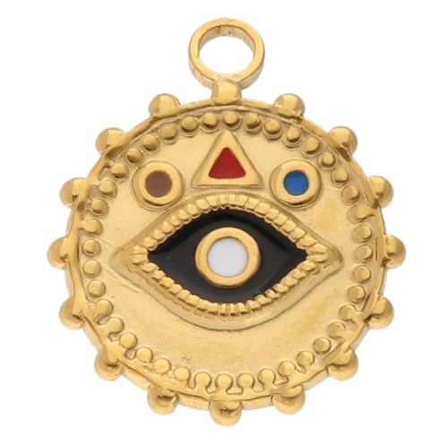 Pendentif rond 22mm motif oeil et résine époxy - Acier inox 304 Doré - Multicolore