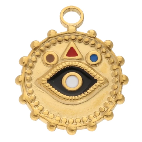 Pendentif rond 22mm motif oeil et résine époxy - Acier inox 304 Doré - Multicolore