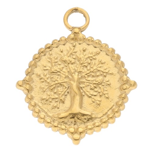 Pendentif rond 19 mm motif arbre de vie - Acier inoxydable 304 Doré x1