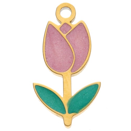 Breloque tulipe 14x7.5 mm avec résine époxy - Acier inox 304 Doré - Rose - Vert x1