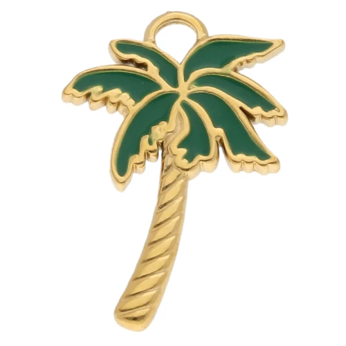 Pendentif palmier 25x17 mm avec résine époxy - Acier inoxydable 304 Doré - Vert x1