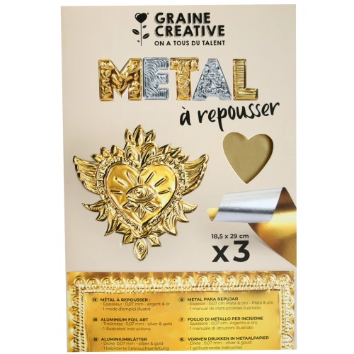Lot de 3 feuilles de métal à repousser - Graine creative - or et argent x1