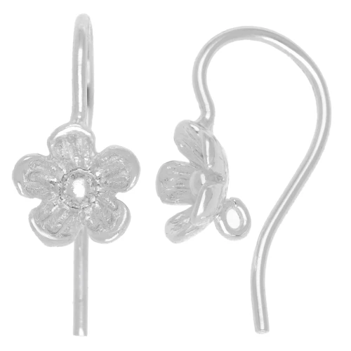 Crochets d'oreilles fleur 14 mm avec anneau ouvert - Placage Argent fin x2