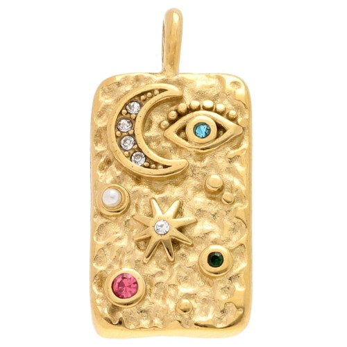 Pendentif rectangle 28x13mm symboles en strass - Acier inox 304 Doré - Multicolore