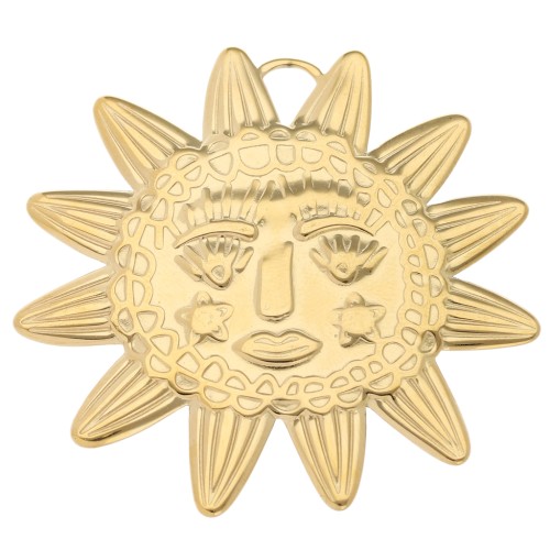 Pendentif soleil 46x49 mm - motif visage - Acier inoxydable 304L Doré x1