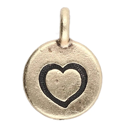 Breloque ronde 12 mm - motif coeur - Bronze x1