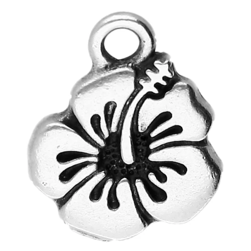 Breloque fleur hibiscus 17x14 mm - Placage Argent fin vieilli x1
