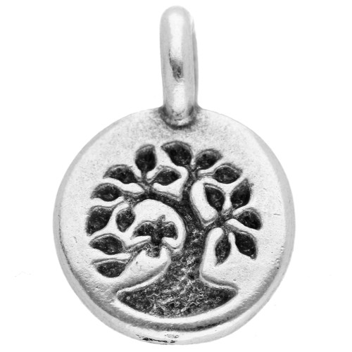 Breloque ronde 12 mm - motif arbre de vie - Placage Argent fin vieilli x1