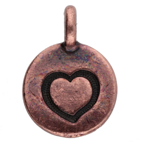 Breloque ronde 12 mm - motif coeur - Cuivré vieilli x1