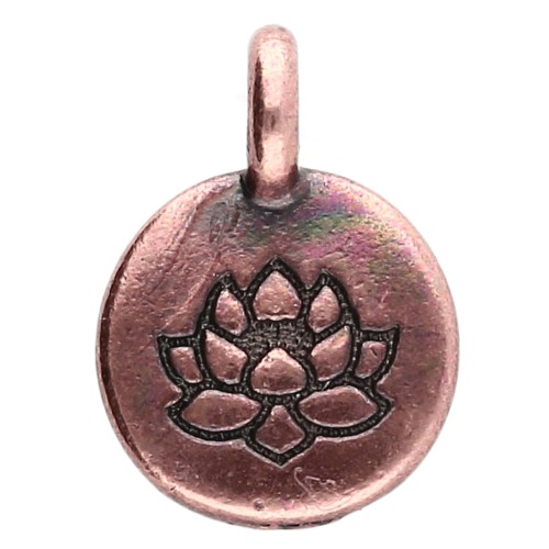 Breloque ronde 12 mm - motif fleur de lotus - Cuivré vieilli x1