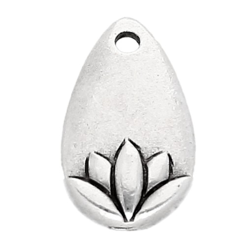 Breloque goutte 13x8 mm - motif fleur de lotus - Placage Argent fin vieilli x1