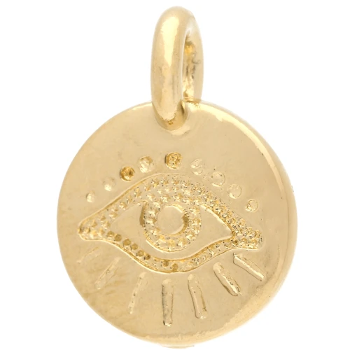 Breloque ronde 12 mm - motif oeil - Doré à l'or fin x1