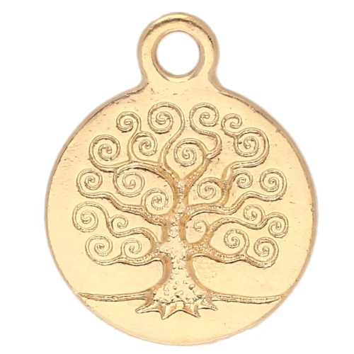 Breloque ronde 15.5 mm - motif arbre de vie - Doré à l'or fin x1