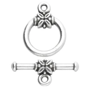 Fermoir T rond 16 mm - motif fleur - Placage Argent fin vieilli x1