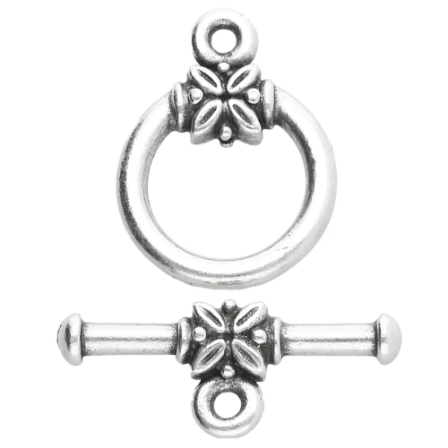 Fermoir T rond 16 mm - motif fleur - Placage Argent fin vieilli x1