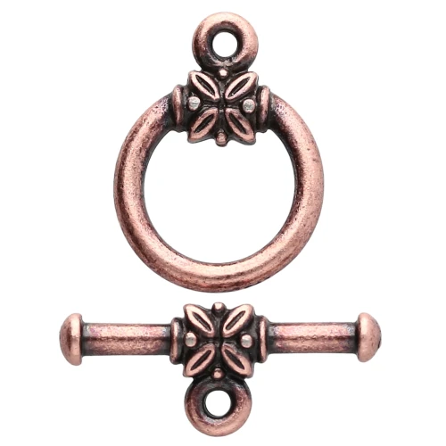 Fermoir T rond 16 mm - motif fleur - Cuivré vieilli x1