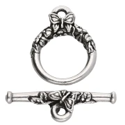 Fermoir T rond 15 mm - motif papillon - Placage Argent fin vieilli x1