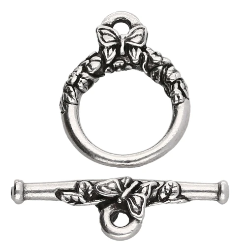 Fermoir T rond 15 mm - motif papillon - Placage Argent fin vieilli x1