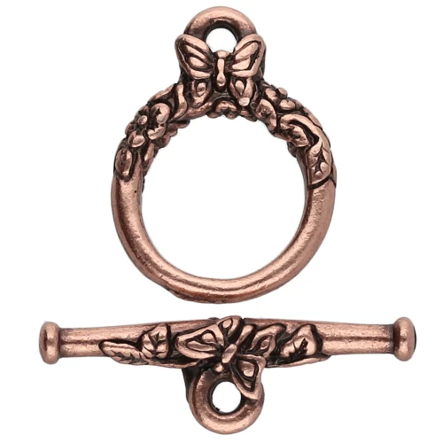 Fermoir T rond 15 mm - motif papillon - Cuivré vieilli x1