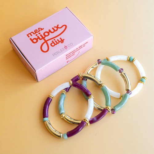 Mes bijoux DIY - Kit de 4 bracelets élastiques avec perles tubes - Version Doré