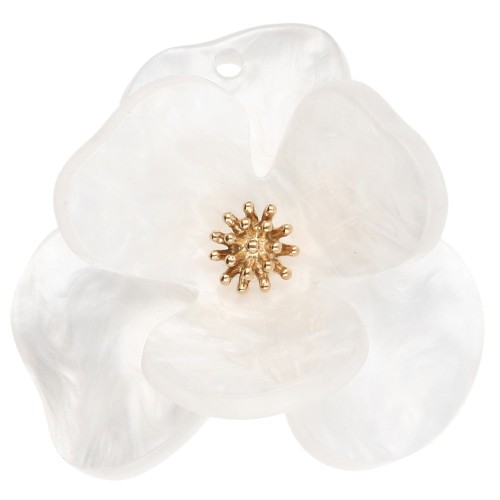 Pendentifs fleur en relief 40 mm en Acrylique Acier inox Doré Blanc marbré x2