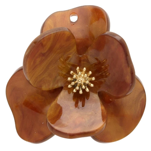 Pendentifs fleur en relief 40 mm en Acrylique Acier inox Doré Marron marbré x2