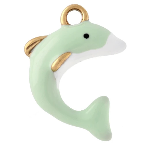 Breloque dauphin 19x14 mm avec Résine époxy - Acier inox 304 Doré - Vert d'eau x1