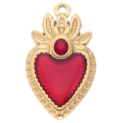 Pendentif coeur Ex-voto 28x16 mm résine époxy Acier inoxydable 304 Doré - Rouge x1