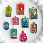 Pendentif carte tarot 26x15 mm Le Soleil Résine époxy Acier inox 304 Doré Bleu x1