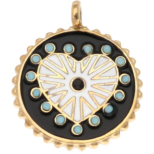 Pendentif rond réversible 18 mm résine époxy & strass - Acier inox Doré 304 x1