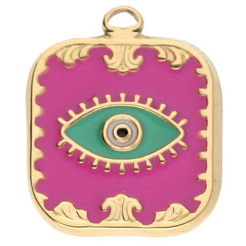 Pendentif rectangle Oeil 20x16mm Résine époxy Acier inoxydable 304 Doré Fuchsia x1