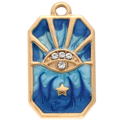 Pendentif rectangle motif oeil 20x11 mm résine époxy Acier inox 304 Doré Bleu x1