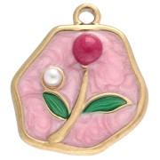 Breloque irrégulière 15.5x14mm motif fleur avec époxy - Acier inox Doré 304 - Rose