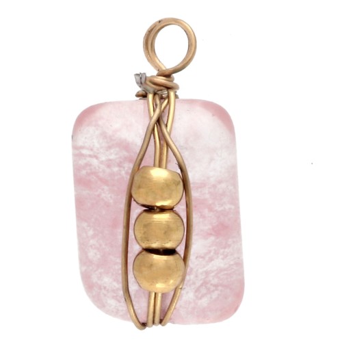 Breloque rectangle 13x6 mm gemme teintée Strawberry quartz - Acier inox 304 Doré