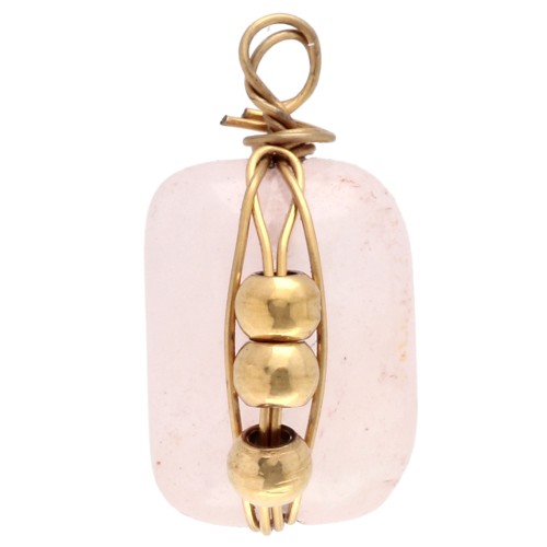 Breloque rectangle 13x6 mm - pierre gemme Quartz rose - Acier inox 304 Doré x1