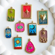 Pendentif rectangle motif étoile résine époxy 28x18 mm Acier inox 304 Doré Bleu x1