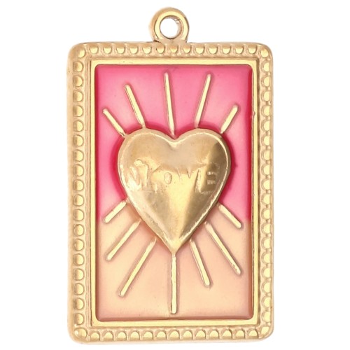 Pendentif rectangle motif coeur résine époxy 28x18 mm Acier inox 304 Doré Rouge x1