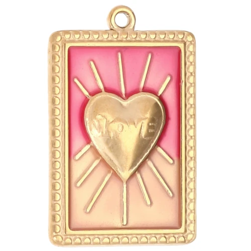 Pendentif rectangle motif coeur résine époxy 28x18 mm Acier inox 304 Doré Rouge x1