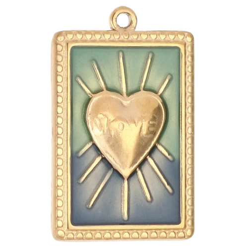 Pendentif rectangle motif coeur résine époxy 28x18 mm Acier inox 304 Doré Bleu x1