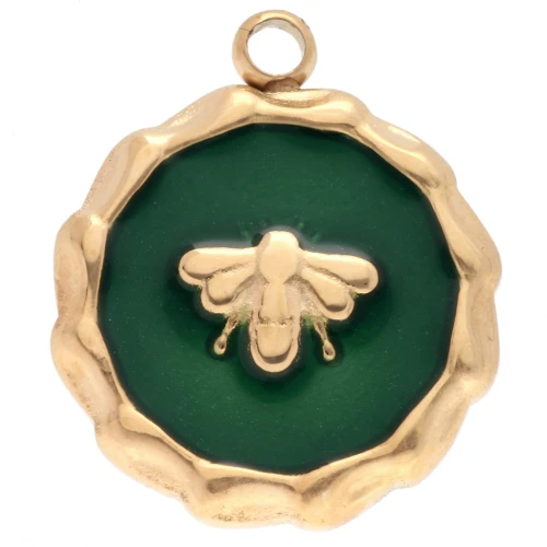Breloque ronde abeille 15 mm Résine époxy - Acier inoxydable 304 Doré - Vert x1