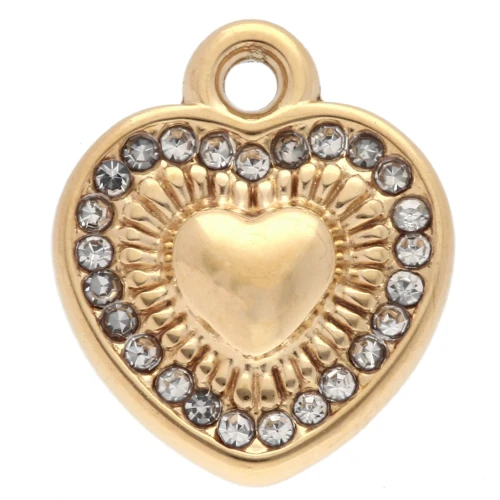 Breloque coeur 13x11 mm avec strass - Acier inoxydable 304 Doré - Cristal x1