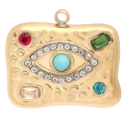 Pendentif rectangle 19x21mm motif oeil et strass Acier inox 304 Doré - Multicolore
